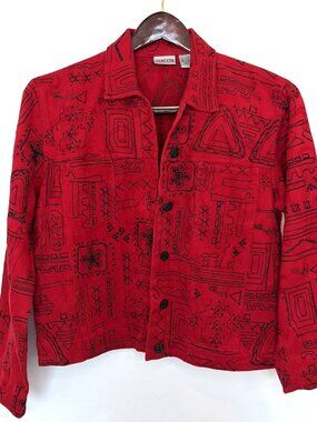 Chico's Embroidered Jacket Sz 1 US M/8 Red Black Artsy Boho